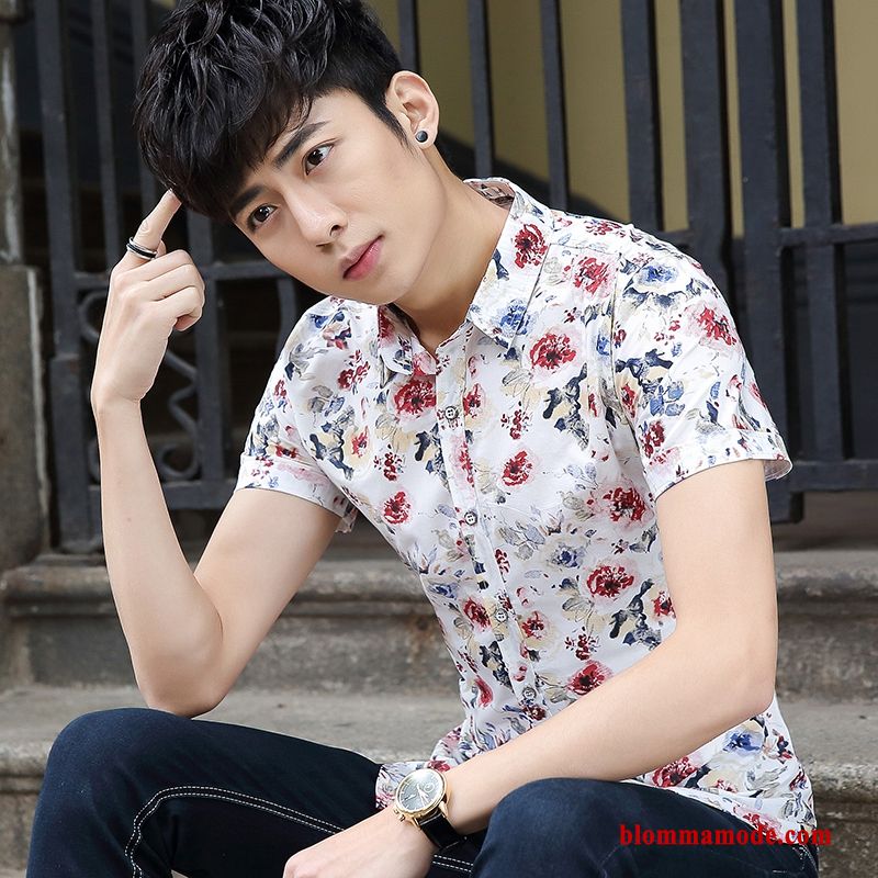 Kinesisk Stil Blommor Ungdom Herr Casual Trend Röd Kortärmad Skjorta