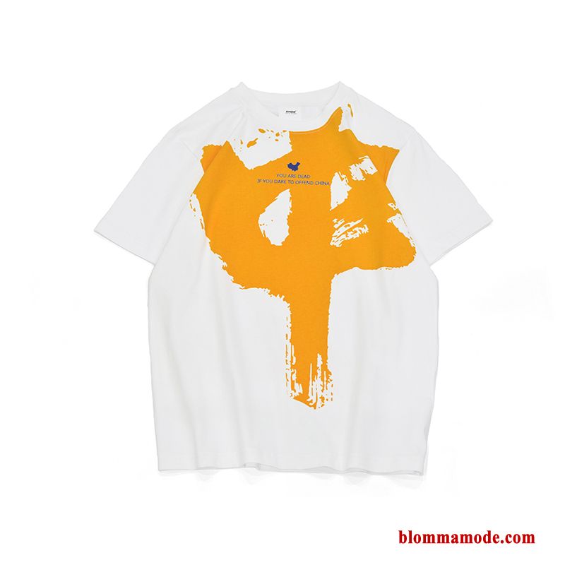 T-shirt Toppar Kinesisk Stil Rund Hals Sommar Tryck Herr Halv Ärm Trend Varumärke Orange