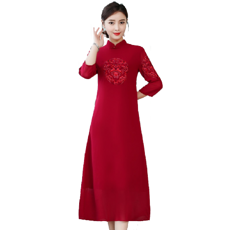 Cheongsam Varje Dag Vår Dam Elegant Klänning Röd Kinesisk Stil
