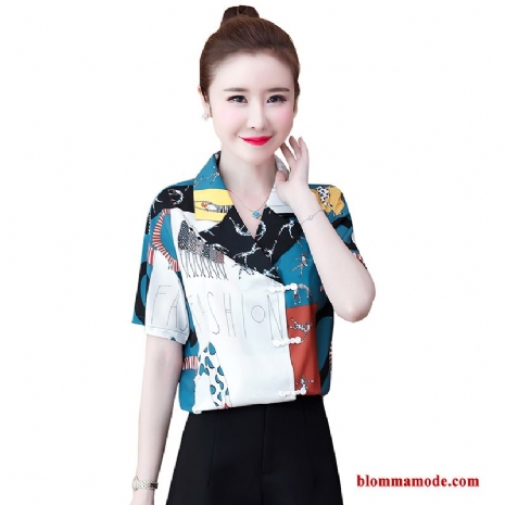 Dam Design Kostym Toppar Tryck Kortärmad Skjorta Chiffong Kinesisk Stil