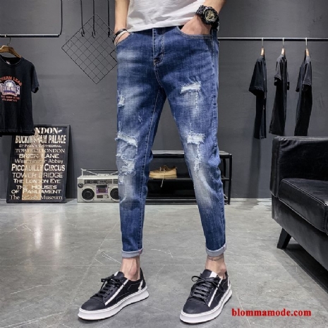 Herr Trend Varumärke Jeans Blå Byxor Casual Hål Slim Fit