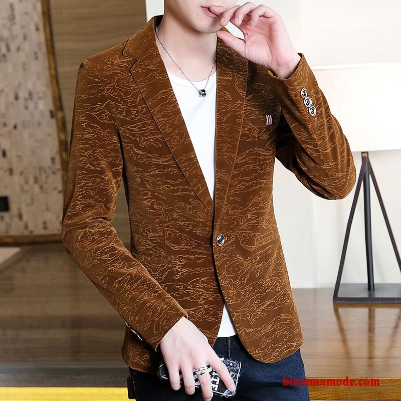 Blazer Kostym Casual Slim Fit Student Guld Adolescens Sammet Herr Karamell