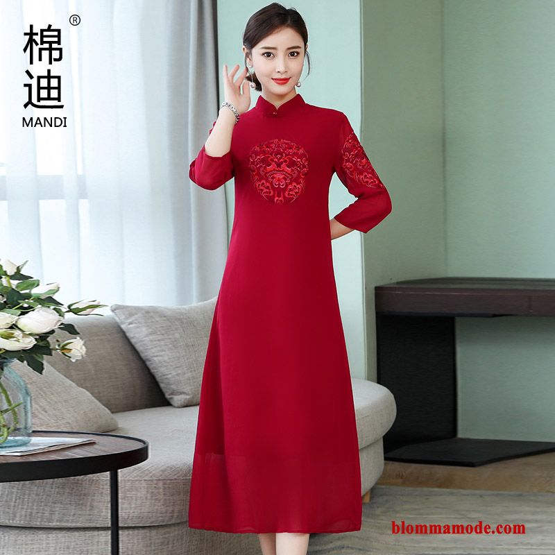 Cheongsam Varje Dag Vår Dam Elegant Klänning Röd Kinesisk Stil