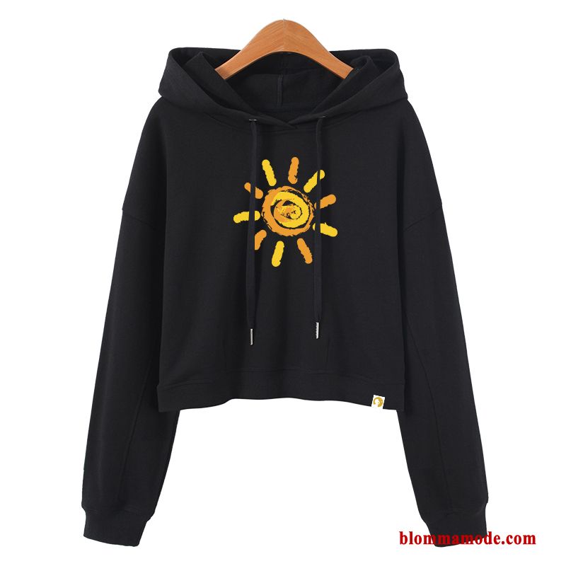 Dam Hög Midja Med Huva Långärmad Trend Pullover Grå Kort Huvtröja