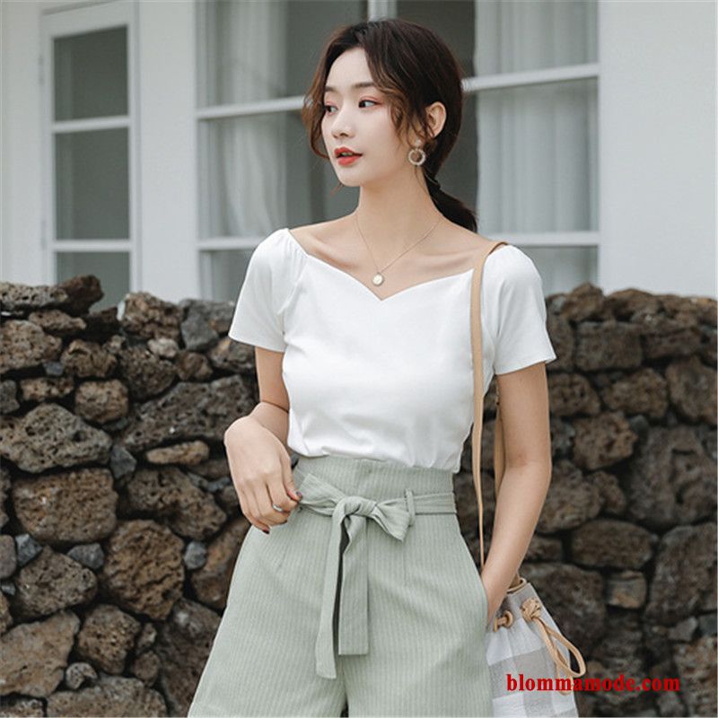 Dam T-shirt Slim Fit 2019 Kortärmad Strapless Bomull Trend Toppar Leggings