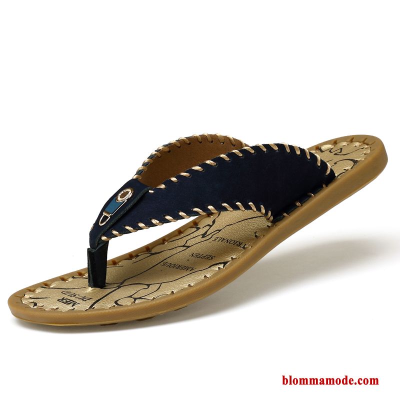 Flip Flops Tofflor Läder Casual 2019 Sandaler Sommar Äkta Läder Herr Blå