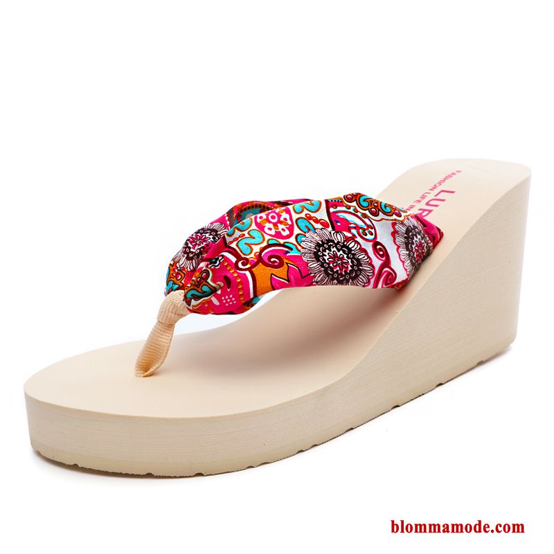 Glidskydds Stranden Skor Flip Flops Tofflor Kvinna Med Tjocka Sulor Tryck Dam Röd Beige