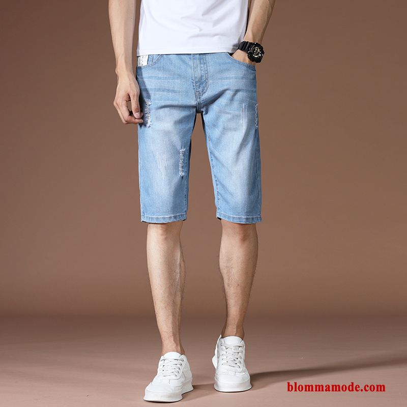 Herr Kortbyxor Stretch Hål Denim Rakt Shorts Slim Fit Sommar Trend Varumärke