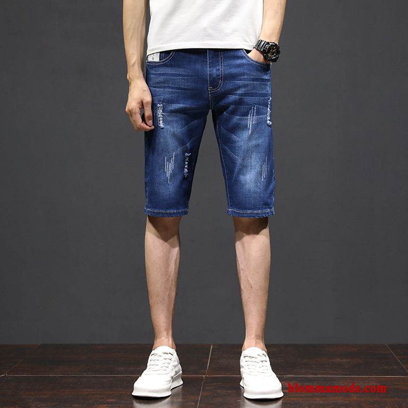 Herr Kortbyxor Stretch Hål Denim Rakt Shorts Slim Fit Sommar Trend Varumärke