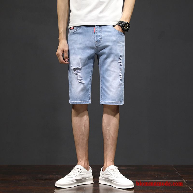 Herr Kortbyxor Stretch Hål Denim Rakt Shorts Slim Fit Sommar Trend Varumärke