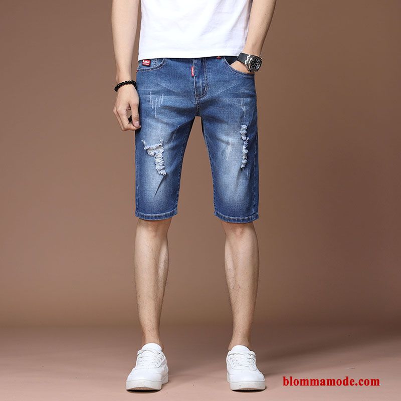 Herr Kortbyxor Stretch Hål Denim Rakt Shorts Slim Fit Sommar Trend Varumärke