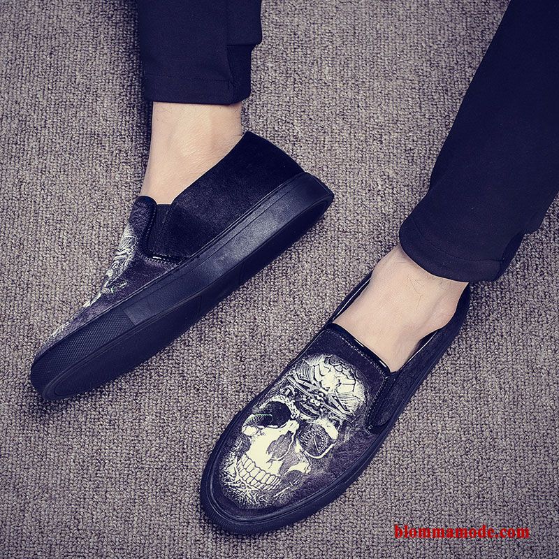 Herr Loafers Andningsbar Sommar Slip On Kanvas Tryck Casual British Trend Svart