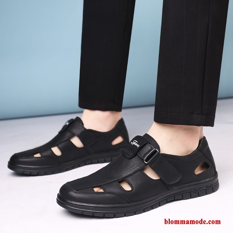 Herr Sandaler Läder Casual Skor Läderskor Andningsbar Slip On Svart