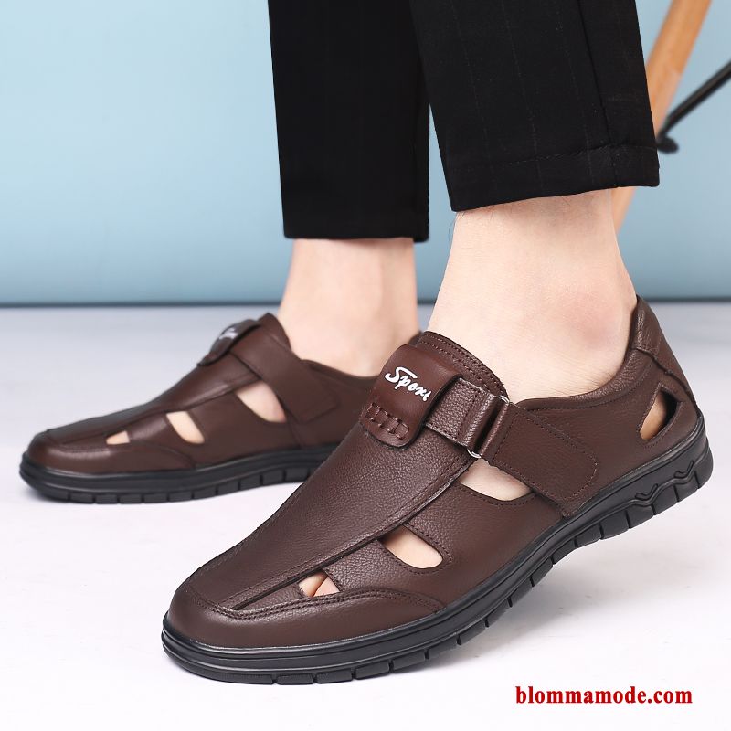 Herr Sandaler Läder Casual Skor Läderskor Andningsbar Slip On Svart