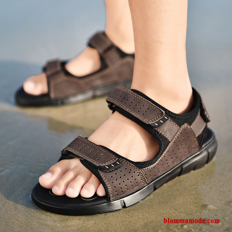 Herr Sandaler Stor Sommar Äkta Läder Stor Storlek Skor Trend Tofflor Casual Svart