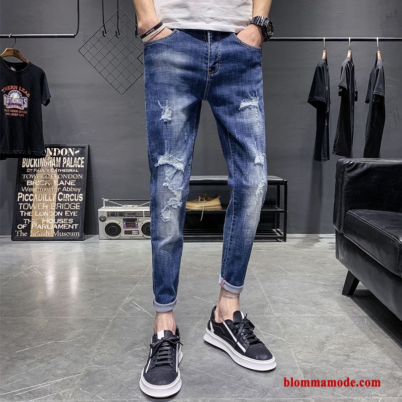 Herr Trend Varumärke Jeans Blå Byxor Casual Hål Slim Fit