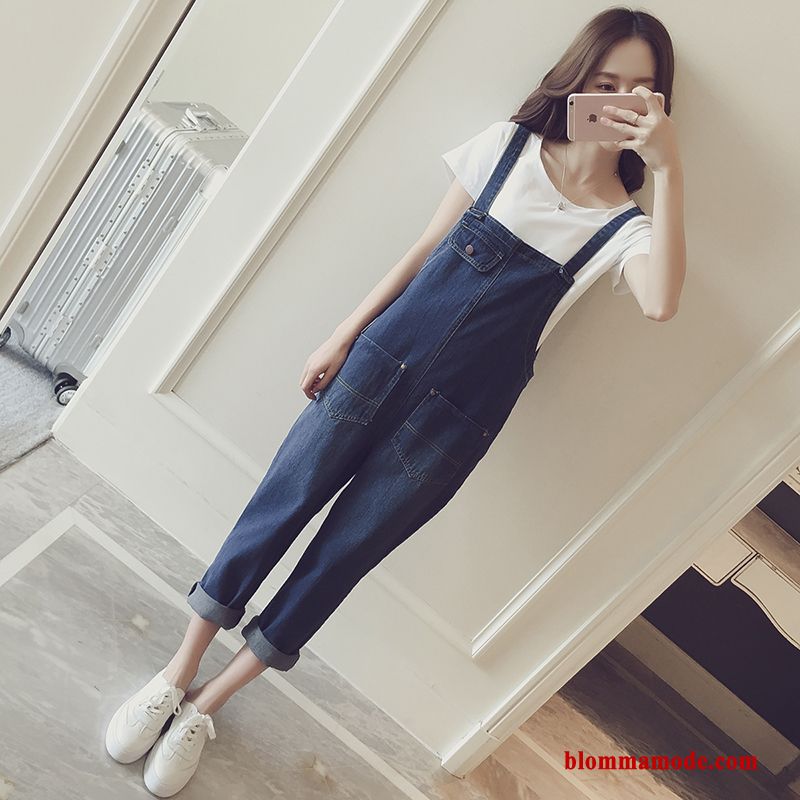 Hängselbyxor Fickor Tunn Denim Tvätta Lösa Hängslen Dam Jumpsuit