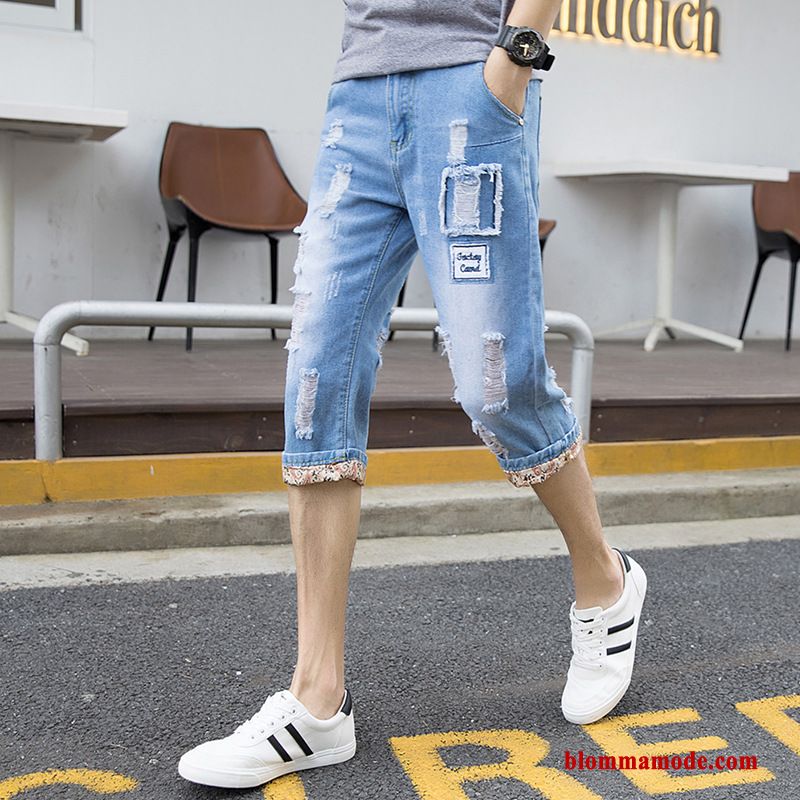 Kortbyxor Hål Trend Capri Byxor Lösa Herr Tunn Denim Shorts