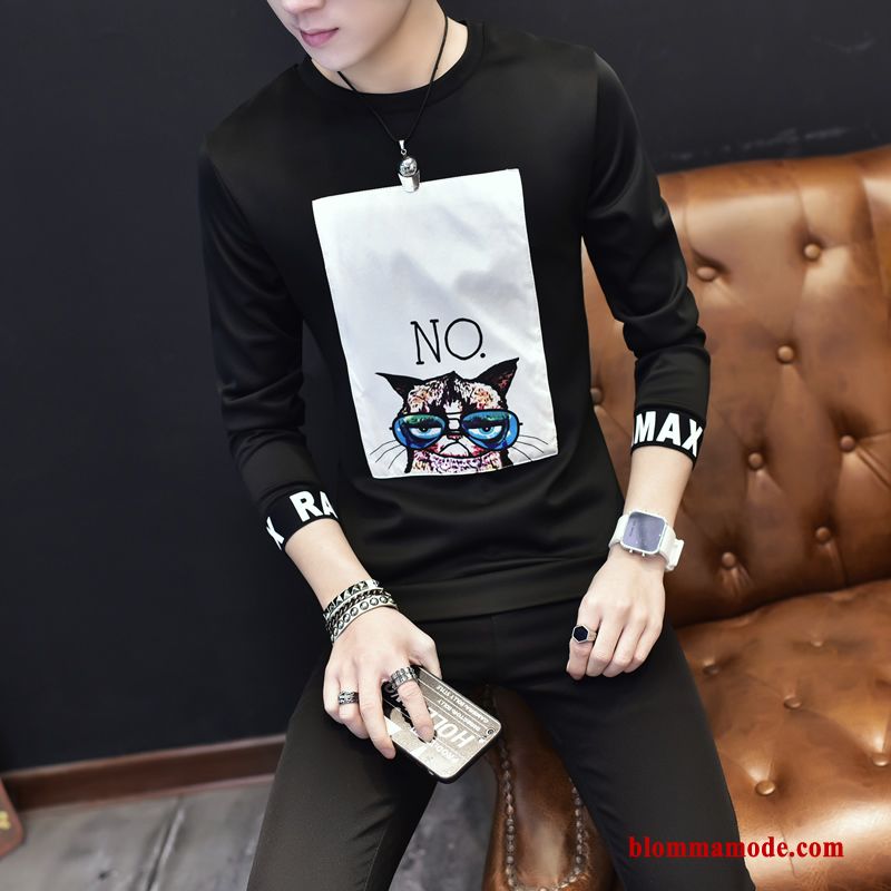 Långärmad T-shirt Herr Vit Rund Hals Höst Trend Vacker Slim Fit Bottenskjorta