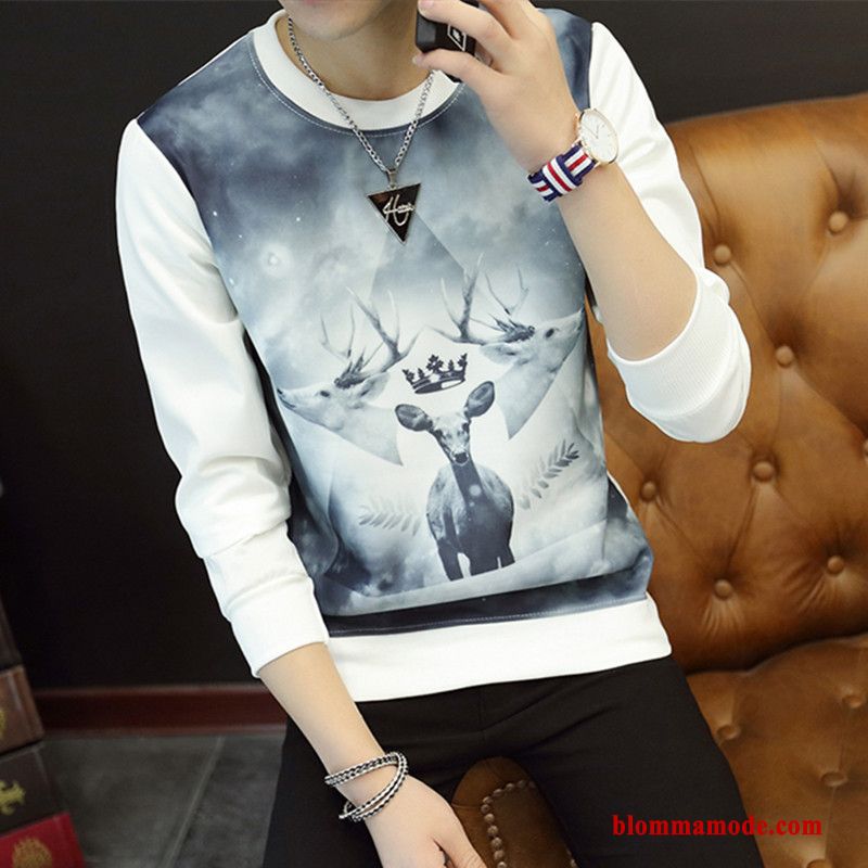 Långärmad T-shirt Herr Vit Rund Hals Höst Trend Vacker Slim Fit Bottenskjorta