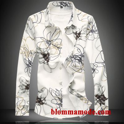 Skjorta Stora Storlekar Blommor Långärmad Herr Mode Svart