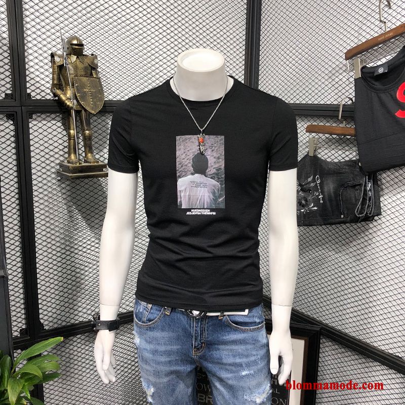 T-shirt Slim Fit Halv Ärm Ungdom Herr Trend Rund Hals Svart Bottenskjorta