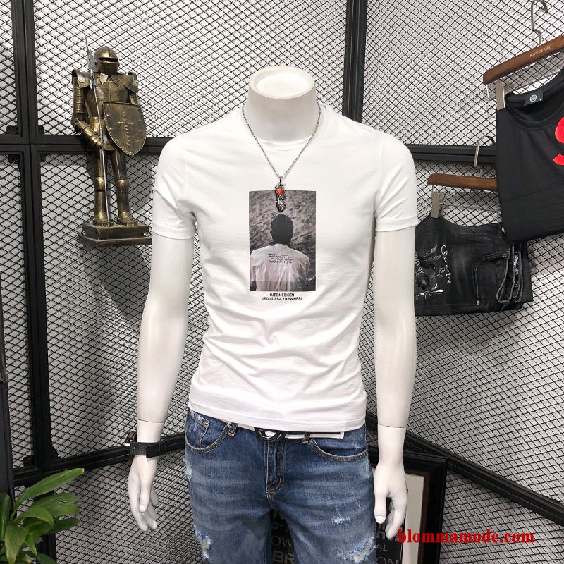 T-shirt Slim Fit Halv Ärm Ungdom Herr Trend Rund Hals Svart Bottenskjorta