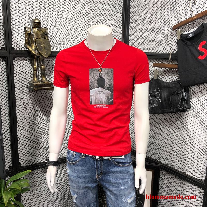 T-shirt Slim Fit Halv Ärm Ungdom Herr Trend Rund Hals Svart Bottenskjorta