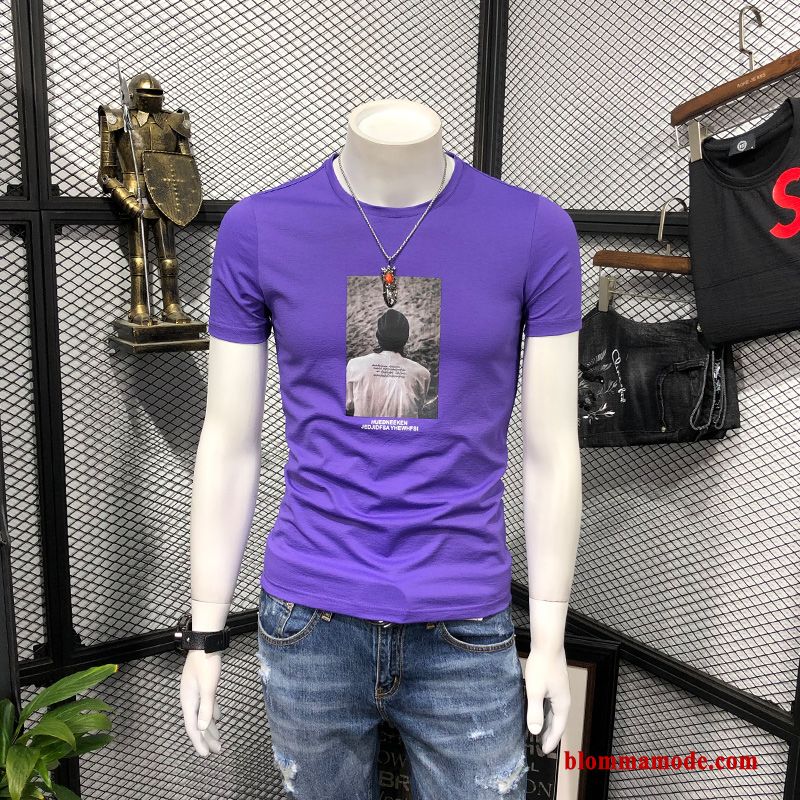 T-shirt Slim Fit Halv Ärm Ungdom Herr Trend Rund Hals Svart Bottenskjorta