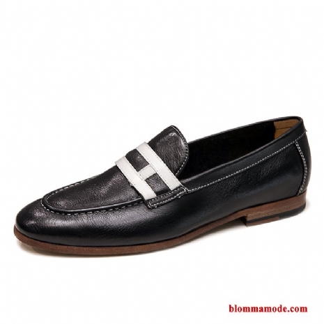 British Trend Äkta Läder Slip On Loafers Sommar Läderskor Andningsbar Herr Svart