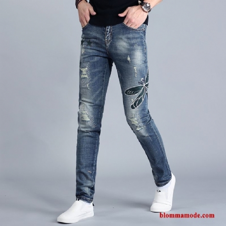 Broderi Jeans Hål Stretch Personlighet Trend Slim Fit Herr