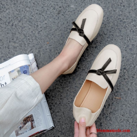 Dam 2019 Platta Båtskor Låga Skor Läder Herr Slip On Loafers Vit Beige