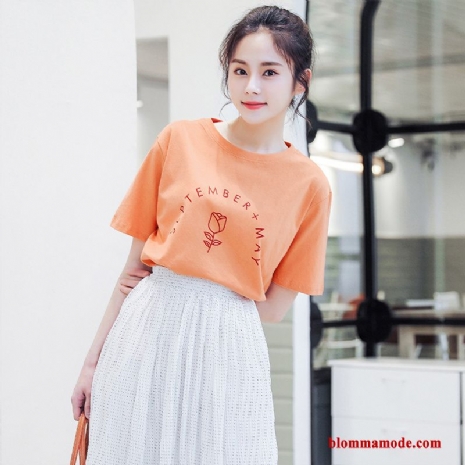 Dam T-shirt Trend Student Toppar Ny Ljus Rund Hals 2019 Kortärmad Orange