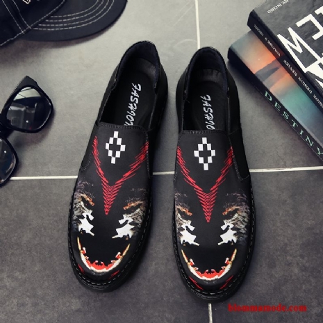 Herr Casual Skor Loafers Trend Kanvas Slip On Tryck Röd Svart