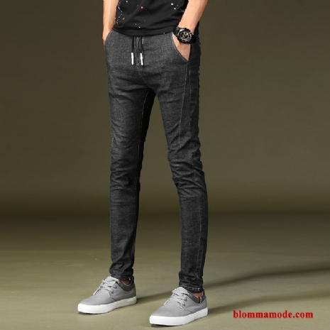 Stretch Jeans Herr Cigarettbyxor Svart Skinny Slim Fit Fjädrande