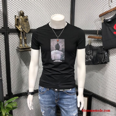 T-shirt Slim Fit Halv Ärm Ungdom Herr Trend Rund Hals Svart Bottenskjorta