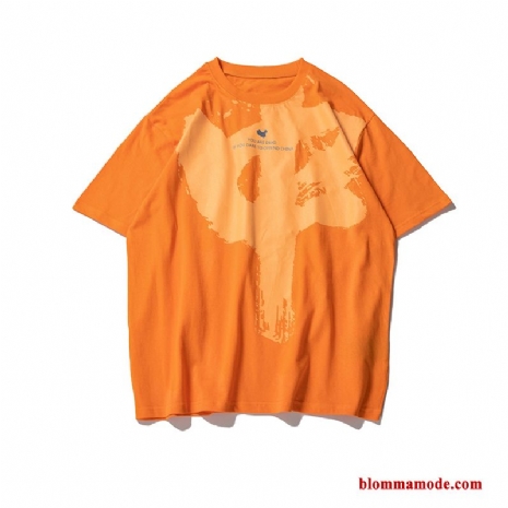 T-shirt Toppar Kinesisk Stil Rund Hals Sommar Tryck Herr Halv Ärm Trend Varumärke Orange