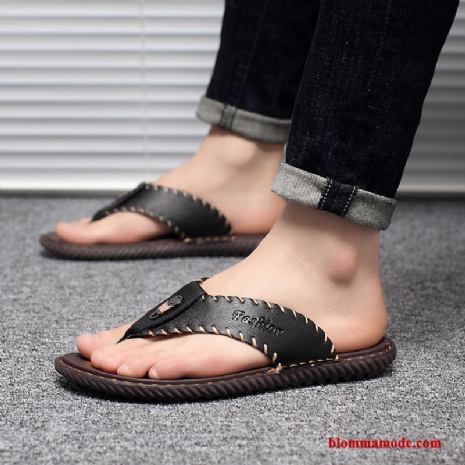 Tofflor Casual Sommar Flip Flops Herr Sandaler Stranden Läder Skor Svart