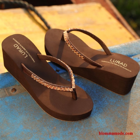 Tofflor Glidskydds Flip Flops Skor Kvinna Med Kilklack Brun Mode Stranden Dam